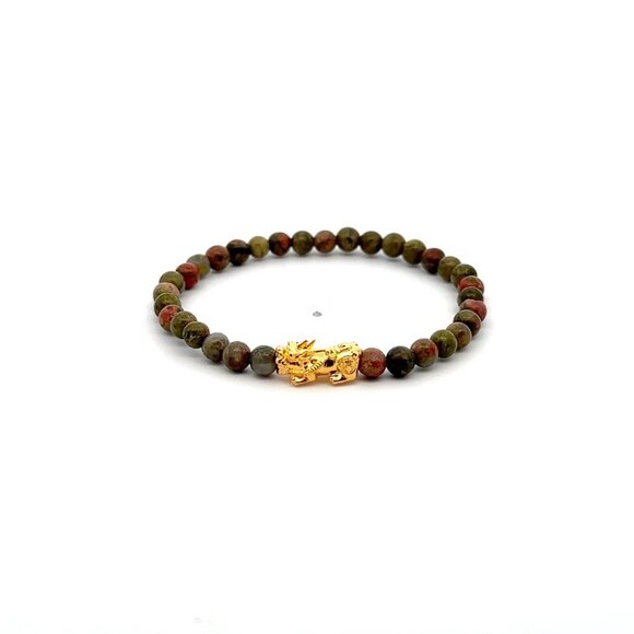 RAFANTHIA Jewelry - 18K Gold Pixiu Piyao Bracelet Gemstone Mini Beads Unakite 4mm